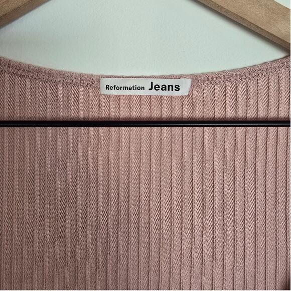 Reformation Bardot Pink Ribbed Knit Square Neck Short Sleeve Top Sz Small - Picture 3 of 3